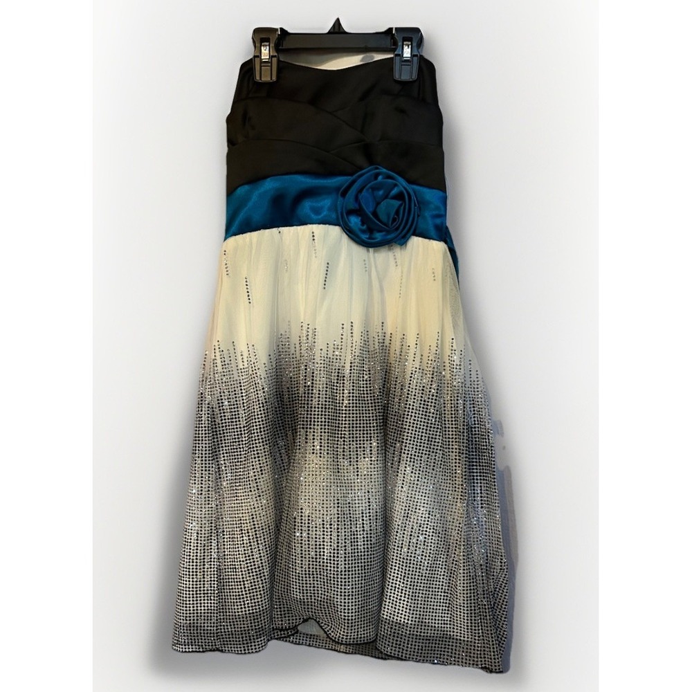 Teeze Me Womens Dress Size 1 Black Teal Silver Sweetheart Neckline Party Holiday